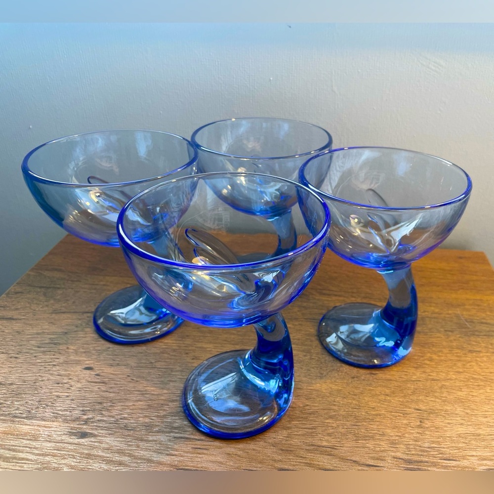 Four Italian Bormioli Rocco Blue JERBA footed desert/cocktail 5 1/2”T. 4 1/2” D